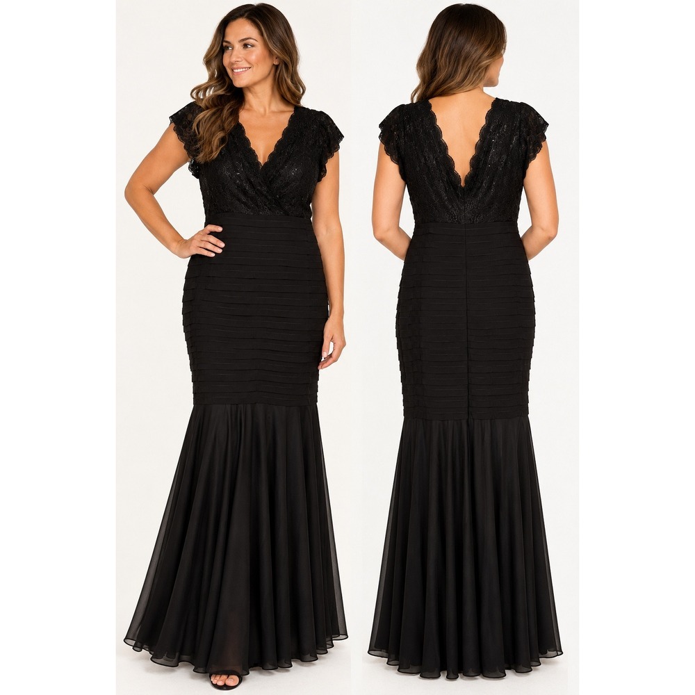 Betsy & Adam 14W Black Lace Sequin Tiered Mermaid Evening Gown Dress 042424W - Picture 1 of 5